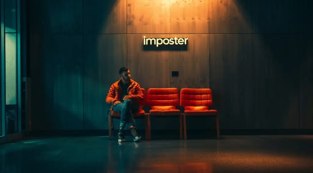 a man with imposter syndrome sitting down under a light over his head and a sign in the background that says imposter